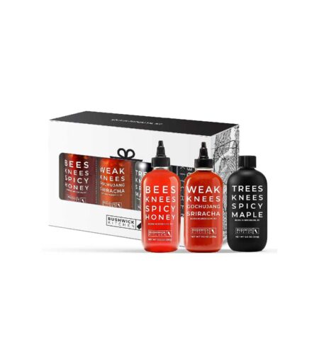 Bushwick Kitchen Spicy Sampler Gift Box, Set of Three (3) Spicy Honey, Spicy Maple Syrup, and Spicy Sriracha Hot Sauce with Recipes